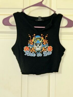Forever 21 Black Crop Tank with Colorful 'Ride or Die' Skull Graphic